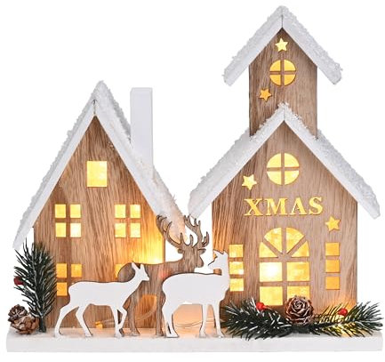 VALERY MADELYN Holz Weihnachtsdeko mit LED Lichtern, Skandinavische Hütte Rustikale Weihnachtshaus Dekoration Fensterdeko mit Elch, Baum Winter Hüttenlandschaft, 20.5x23cm