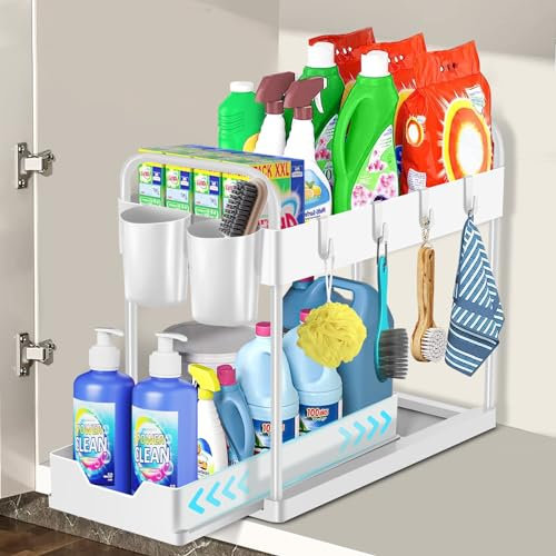 HABOWN Unter Waschbecken Regal, 2 Etagen Küchen Organizer Spülschrank Küchenregal Herausziehbarer Schrank mit 4 Haken & 2 Tassen Ausziehbare Schublade Gewürzregal Spülschrankregal (Weiß-1 Stücke)