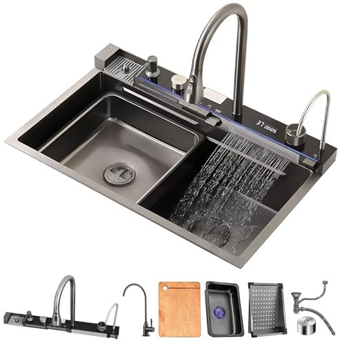 PetterShop Fregadero De Cocina, Lavavajillas Individuales De La Cascada Feiyu, con Grifo De Extracción De Cascada Digital Integrado, con Otros Accesorios