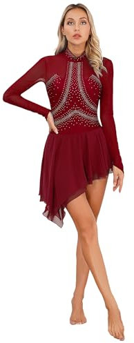 Runhomal Damen Eiskunstlauf-Kleid Ballerina Kleider Langarm Tanzkleid Durchsichtiges Mesh Ballettkleid Ballettanzug Trikotbody Leotard Tutu Rock Tanzkostüm J Burgundy M