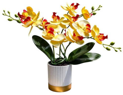 Generisch Künstliche Orangefarbene Dreizackige Orchideenblume im Topf Goldener Boden Phalaenopsis Dekorationsblume mit Blumentopf Eingetopfte Weiße Schmetterlings Simulationsblume (Gelb)