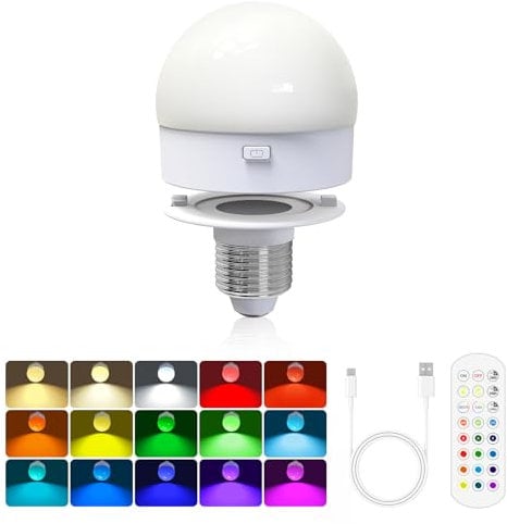Cadrim Rechargeable Light Bulb, Battery Operated Emergency Lamp with Remote LED Bulbs Detachable Charging Wall Sconce 3 Color, RGB, Timer, Dimmer, E26/E27, for Non-Hardwired, Power Outage, 1 Pack