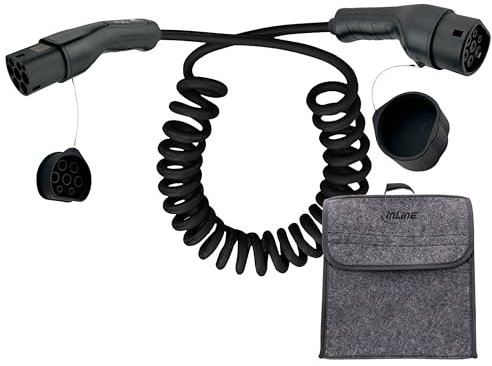 InLine EV Spiral-Autoladekabel für Elektroauto, 7,5m, TYP2 EN 62196, inkl. Aufbewahrungstasche, 22KW MAX./11KW/7,4KW/3,7KW, 32A, 3-Phasig, kompatibel mit Modellen wie i3, iX, ID.4 und Anderen, 16287S