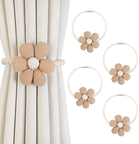 LIMEOW 4 Pièces Embrasses de Rideaux Magnétiques, Embrasse pour Rideaux, Décoration Tricotée à la Main, Décoration Bohème, Embrasse pour Rideaux Aimanté, pour Maison, Bureau, Salon, Fenêtre(Café)
