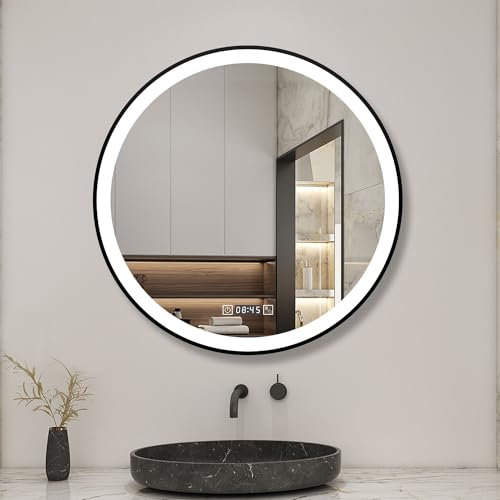 Biubiubath LED Badspiegel Rund 70cm Touch/Wandschalter Beschlagfrei Uhr 3 Lichtfarbe+Dimmbar Badezimmerspiegel mit Schwarz Rahmen Wandspiegel IP44