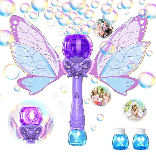 Bombble Feen Seifenblasenstab, Elektronische Seifenblasenmaschine Kinder Zauberstab 5000+Blasen/Min mit Seifenblasenlösung/LED, Seifenblasenspielzeug Geburtstag Geschenk für Mädchen&Junge (Purple)