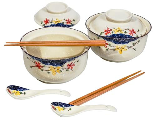 Ceramic Ramen Bowl Set, 800ml with Lid, Spoon and Chopsticks, Japanese Vintage Large Soup Bowls Instant Noodle Bowl Asian Tableware (Farbe*2)