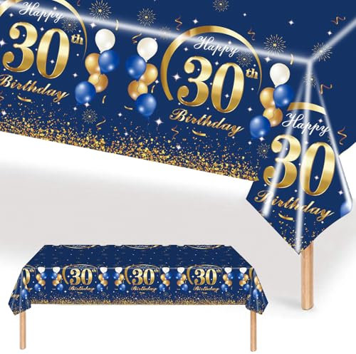 MORAINJAY Mantel de cumpleaños para 30, mantel azul marino para fiesta de cumpleaños 30, mantel rectangular impermeable para hombres, mujeres, suministros de fiesta de cumpleaños, decoración de mesa