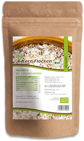 Mynatura Bio 4 - Korn Flocken | Getreideflocken | Roggen | Haferflocken | Weizenflocken | Gerstenflocken | Für Müsli | Zum Backen von Brot und Kuchen | Im Beutel 500g