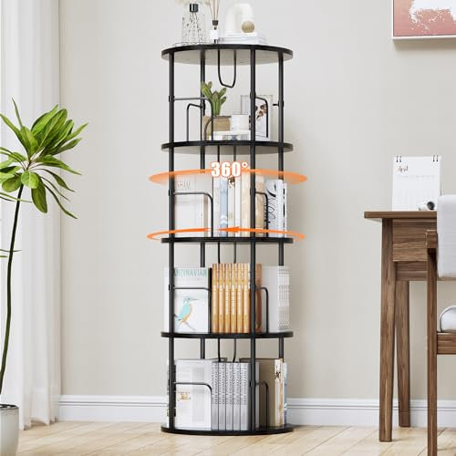Bibliothèque Rotative à 360°, Étagère Livre en Bois sur Pied, Bibliothèque Tournante à 4 Niveaux, Niveaux Réglables, Tour de Rangement pour Chambres, Bureaux et Salons, 45 × 45 × 129 cm, Noir