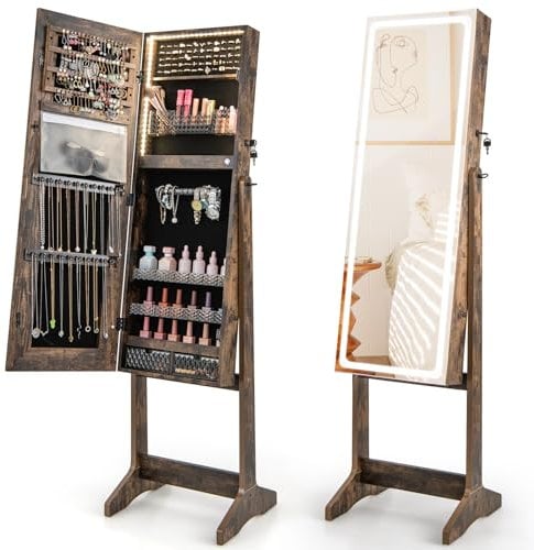 COSTWAY LED Mirror Jewellery Cabinet, Freestanding Lockable Jewelry Armoire with 3-Color Lighted Full Length Mirror, Touch Screen and Large Storage, 3-Angle Bedroom Jewellery Organiser (Rustic Brown)