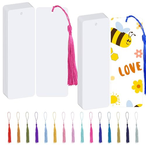Blanko Lesezeichen, 60 Stück Leeres Lesezeichen mit 60 Bunten Quasten, Papier Lesezeichen Basteln mit Loch, Lesezeichen Rohlinge Set für DIY Handwerk Geschenkanhänger (Weiß, 14x5cm)