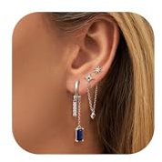 Morfetto Ohrringe Silber 925 Set für Mehrfach Piercing Zierliche Ohrringe für Damen 14 Karat vergoldet Hypoallergenes Creolen Tropfen Silber 925 Ohrstecker Knorpelohrring Set blauS