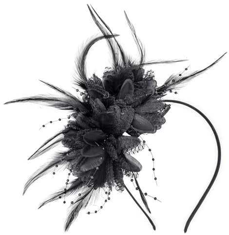 Bailinks Vintage Feder Fascinator Haarschmuck Damen Blumendesign Kopfbedeckung für Hochzeit, Cocktail, Karneval und Party Accessoires (Schwarz)