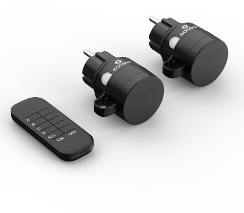 sonero Funksteckdosen mit Fernbedienung Aussen, Outdoor Set, 2300 Watt, 230V, 2 x Steckdose mit Funkfernbedienung, IP44, 30m Reichweite, Stromsparen, Schwarz