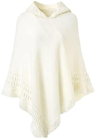 FWSHANGMAO Damen Strickponcho mit Kapuze und Fransen für Den Winter, Eleganter Poncho, Cape, Strickjacke, Warme Stola, Schal, Drapierter Strickumhang für Frühling, Herbst und Winter, Creme