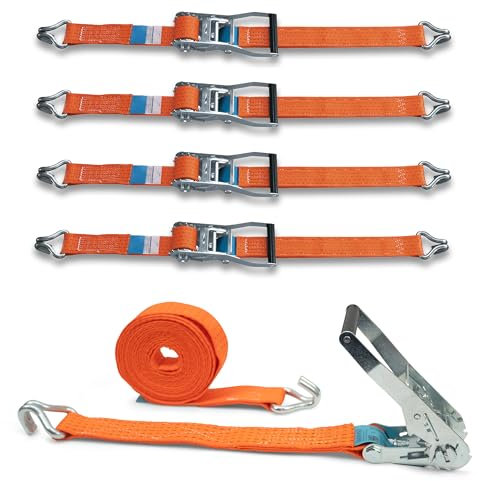 Set di 4 cinghie con cricchetto stabile e gancio profilato, DoZurr 5000, portata fino a 2500 kg, larghezza 50 mm x lunghezza 6 m, colore arancione, per camion e rimorchi grandi
