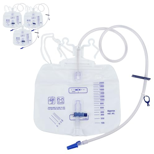 Reevnnmer 4 Stück Urinablaufbeutel mit Anti-Reflux-Kammer, Urinbeutel mit 2000 ml Volumen, 121,9 cm Drainagerohr, Clips und Haken zum Aufhängen