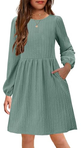 YOVION Mädchen-Strickkleid, Rundhalsausschnitt, lange Ärmel, einfarbig, A-Linie, Herbstkleid, Freizeitkleider mit Taschen, für 6–12 Jahre