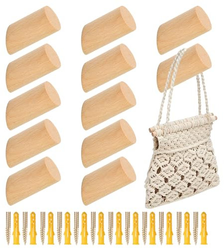 Omtofo Colgadores Biselados, Perchero Pared Madera Natural, Con Tornillos y Alta Capacidad de Carga, Ganchos Cilíndricos, Para Colgar Abrigos, Gorros, Ropa y en El Dormitorio (12piezas 6cm)