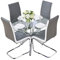 Lot de 4 chaises de salle à manger modernes en simili cuir gris avec table ronde en verre transparent et capitonnée, table de salle à manger en verre trempé