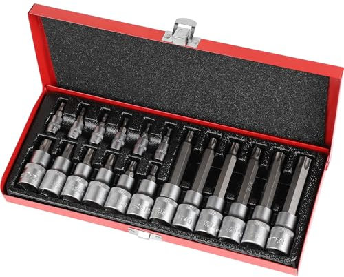 EFUTURETIME 18 Pièces Coffret de Douilles Torx 1/2 T30,T40,T45,T50,T55,T60 (Longueur: 55 mm x 6, 100 mm x 6) et 1/4 T8,T10,T15,T20,T25,T27 Douille Torx CR-V avce Coffret Métallique