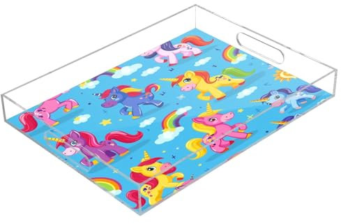 Rainbow Unicorn Horse Acrylic Serving Trays, Clear Rectangular Tray with Handles Serving Platter for Coffee Table Kitchen Bathroom