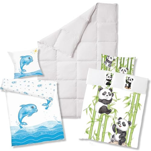 Koru Kids® Kinder Daunendecke 135x200 cm Ganzjahresdecke– Set mit 2 Kinder-Bettbezügen Delfin & Panda aus Baumwolle - 100% kanadische Daunen – Kinderbettdecke - Daunenbettdecke