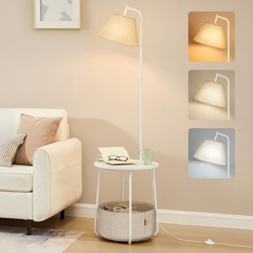 VASAGLE Stehlampe mit Beistelltisch, mit Korb, Lampenschirm aus Stoff | Wohnzimmer, Schlafzimmer, Fußschalter, LED-Glühbirne, 45 x 45 x 161,5 cm, Mattweiss, LILEA Kollektion LFL004WC04