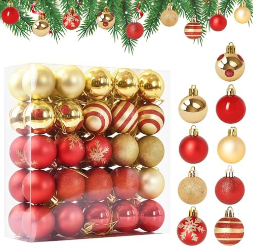 Druuzyl Weihnachtskugeln Set 50 Stück - 4cm Christbaumkugeln aus Kunststoff in Rot & Gold, Weihnachtsdeko für Innen & Außen, Weihnachtsbaum Schmuck, Glaskugeln Alternative, Festliche Deko für Baum & W