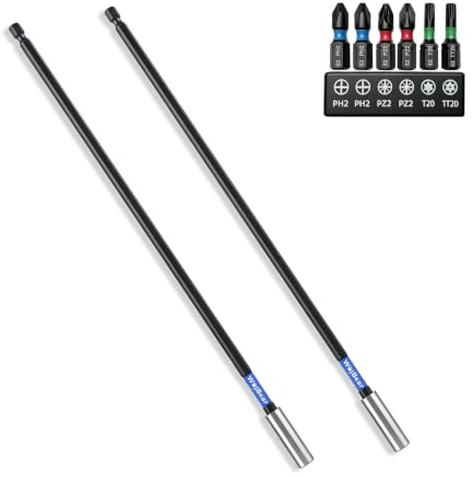 WojBear 2 PCS Magnetic Extension Bit Holder Set, 2 * 300mm Drill Bit Holder for Impact Driver with 6 PCS Screwdriver Bits, 2*PZ2 2*PH2 T20 TT20