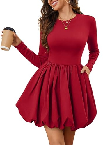Meetjen Cocktail Dress for Women 2026 Fall Casual Mini Long Sleeve Modest High Waist Babydoll Bubble Short Dresses with Pockets Homecoming Red L