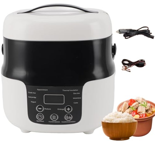 Cooker di riso per auto, Mini pentola di riso intelligente 2L con rivestimento senza berretto, multicooker per contenitore alimentare veloce per 2-4 persone a lunga distanza camion per camper