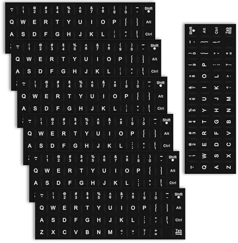 7 Stück Tastaturaufkleber Englisch – Universelle Ersatzaufkleber für Tastaturbuchstaben (Weiß auf Schwarz) – Passend für Laptop, Notebook, Computer & Desktop – Hochwertige Buchstabenersatzfolien