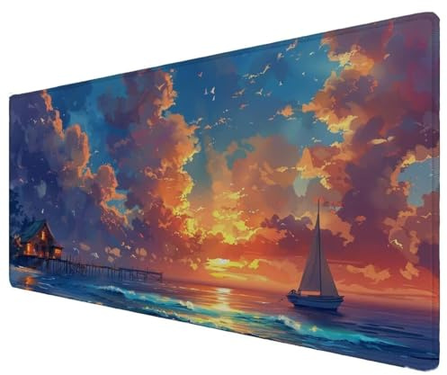 Tapis de Souris xxl, Tapis de Souris Gamer 1600x800x3mm, Imperméable Sous Main Bureau Avec Bords Cousus et Base en Caoutchouc Antidérapante, Sous Main Bureau pour, Études, Gaming (voilier plage) Z-165