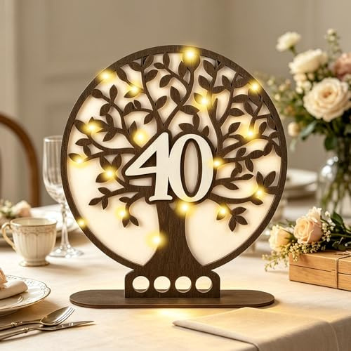 ARTREE Holz Rubinhochzeit Geschenke 40 Hochzeitstag – Lebensbaum Geburtstag Geschenk mit LED, Schild Gästebuch, Tischdeko & Geldgeschenk in einem