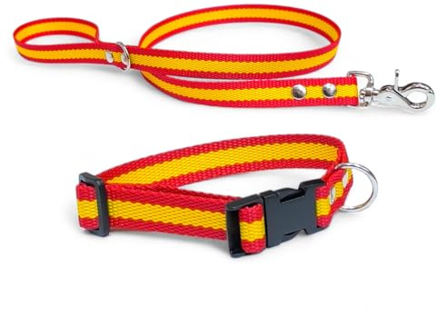 Conjunto Collar y Correa para Perro Bandera de España – Nailon Resistente – Collar Ajustable (S/M/L) – Anillo D Soldado – Llavero Gratis (L: Rango de Cuello (50-70cm) Correa: 1,20M)