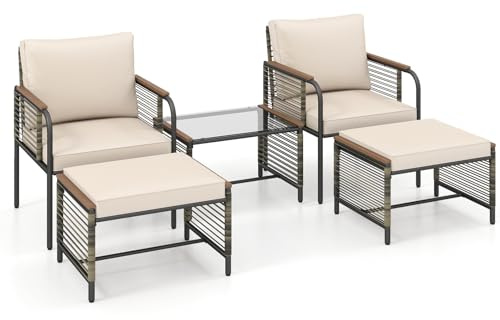 GIANTEX 5-teiliges Gartenmöbel Set, Rattan Lounge-Set für 2-4 Personen, Sitzgruppe mit Glastisch, 2 Stühlen, Hocker & Kissen, Gartenlounge Sitzgarnitur für Balkon & Terrasse (Beige)