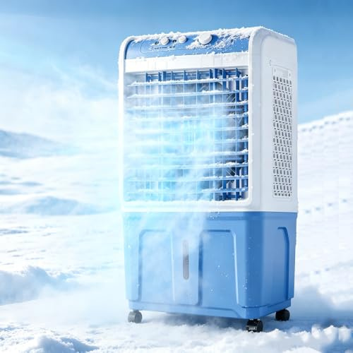 Ventilador Enfriador de Aire Evaporativo Industrial, Aire Acondicionado Swamp Cooler 3 en 1 con 3 Velocidades, Oscilación 120°, 4 Bolsas de Hielo, Gran Tanque de Agua, 4 Ruedas