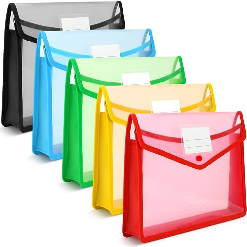 A4 Plastic Wallets, 5 Pcs Popper Wallet Plastic Document Folder Premium Pockets Files Envelope for School Office Home, with Snap Closure and Card Slot