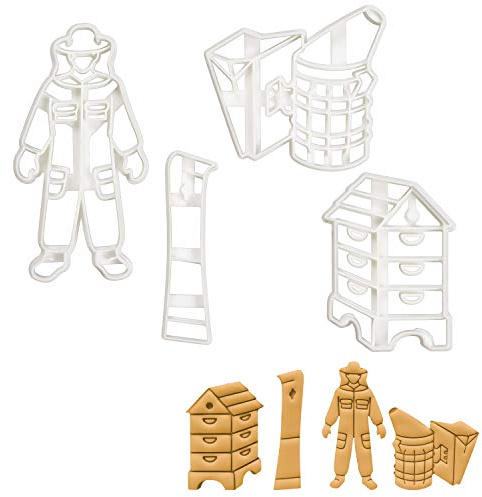 Set of 4 Beekeeping Tools cookie cutters (Designs: Beehive, Hive Tool, Beekeeper Suit, and Bee Smoker), 4 pieces - Bakerlogy