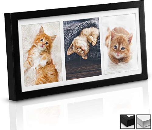 bomoe Bilderrahmen Galeria für 3 Fotos 13x18 cm - Fotorahmen aus Holz, Kunststoffglas, Metall-Aufhängung & Passepartout Multirahmen für Bilder Collagen - Schwarz