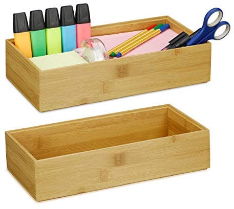 Relaxdays 2 x Ordnungsbox Bambus, stapelbar, natürliche Optik, Aufbewahrungsbox Küche, Bad, Dekobox HxBxT: 7 x 30 x 15 cm, natur