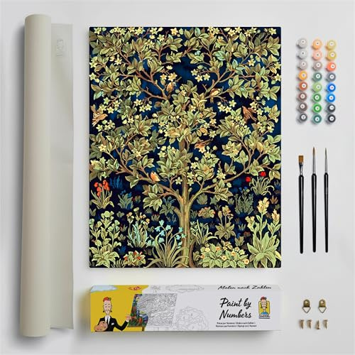 DonElton Malen nach Zahlen für Erwachsene, inspiriert von William Morris – 40 x 50 cm Malsets mit Pinseln, Acrylfarben und Leinen-Leinwand, ohne Rahmen – Kreatives Geschenk (Baum des Lebens)