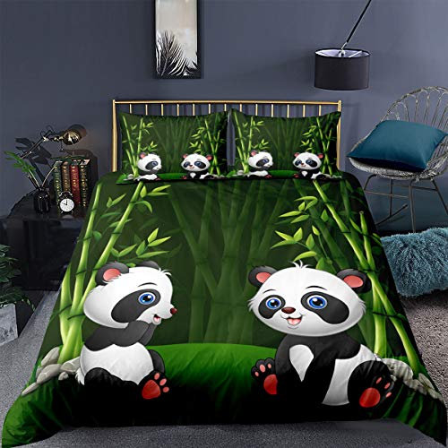 Bettwäsche-Set 2/3 STK Niedlich 3D Panda Bär Pflanze Bambus Muster Mikrofaser Wildlife Animal Decor Bettbezug mit Kissenbezügen Für Jugendliche Mädchen Jungen (Bunt D, 220 x 240 cm)