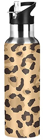 Vnurnrn Peau De Léopard Animal À Pois Bouteille d'eau Isotherme avec Paille en Acier Inoxydable Gourde 600ML, Sans Bpa Gourdes Eau pour Enfant Sport Randonnée École Bureau
