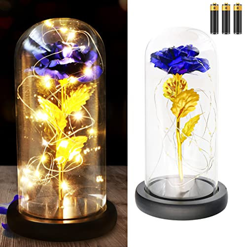 TINYOUTH Blau Rose in Glas Schwarze Basis, 24K Ewige Rose in Glas mit Beleuchtung Batterien Inklusive Schöne und das Biest Rose für Hochzeit Jubiläum Mama Valentinstag Weihnachten Geburtstag