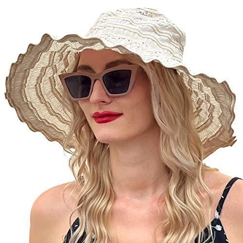 VECRY Damen Jahrgang Strand Sonnenhut Reisen Faltbar Breite Krempe Sommer UV Hüte (Beige,M)