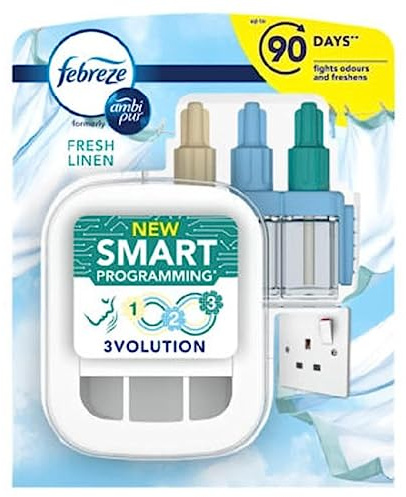 Febreze 3Volution Smart Programming Air Freshener Plug In Starter Kit Fresh Linen 20ML, 3 Alternating Scents To Fight Odours