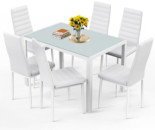 Bealife Esstisch mit 4 Stühlen Set, Esstisch und Stühle für 4 Personen, Esszimmer 6 Stühle und Tisch, Set mit Esstisch und Stühlen für Küche, Esszimmer und Wohnzimmer (Weiß, 6stühle)